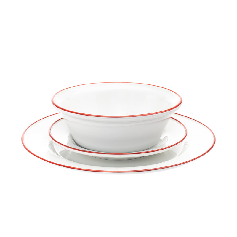 Red Rimmed Porcelain 16-Piece Dinnerware Set, Service for 4