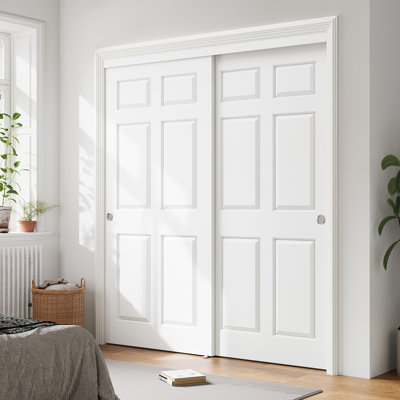 Porte coulissante intérieure préfinie blanche à 6 panneaux 72 po x 80 po pour garde-manger et garde-robe avec ensemble complet de quincaillerie