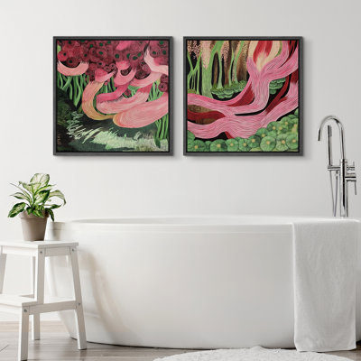 Abstract Pink Green Forest Botanical Framed Canvas Master Bedroom Wall Art Set 2 Print