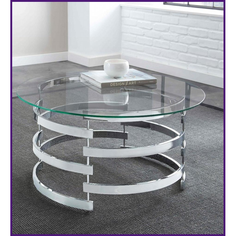Grey Simplistic Curved Coffee Table - 35” Tempered Glass Top &amp; Chrome Base, Complements Modern Decor