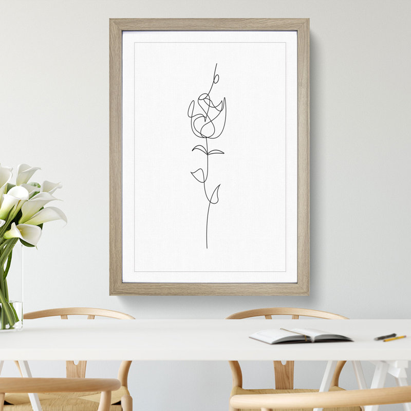 Line Flower - Picture Frame Drawing, Oak Framed, 90cm H x 65cm W x 2cm D