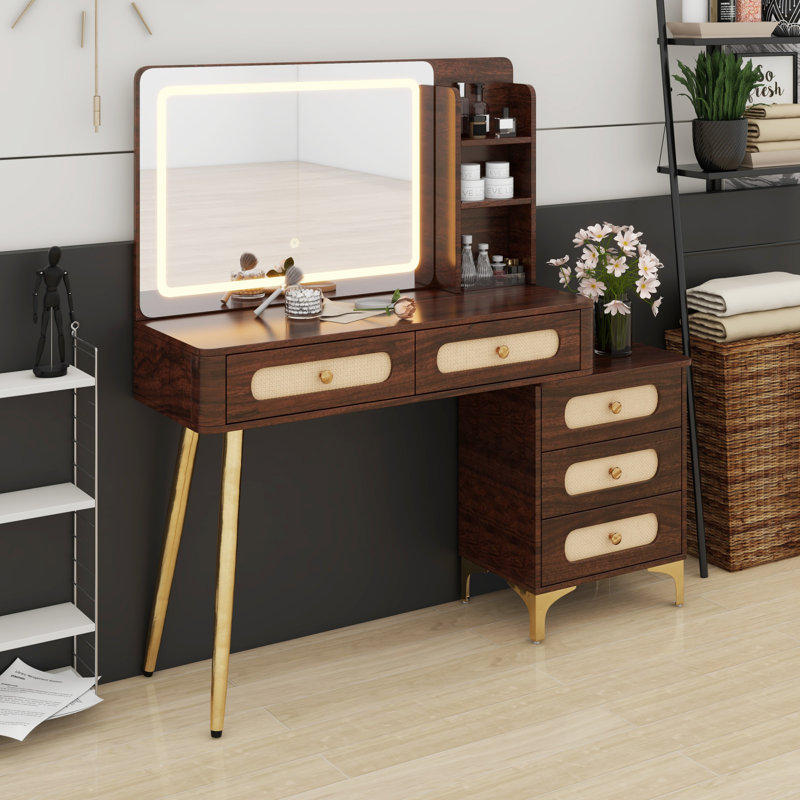 Coiffeuse avec miroir rétro éclairé, coiffeuse en rotin avec 5 tiroirs et tablettes de rangement, Brun