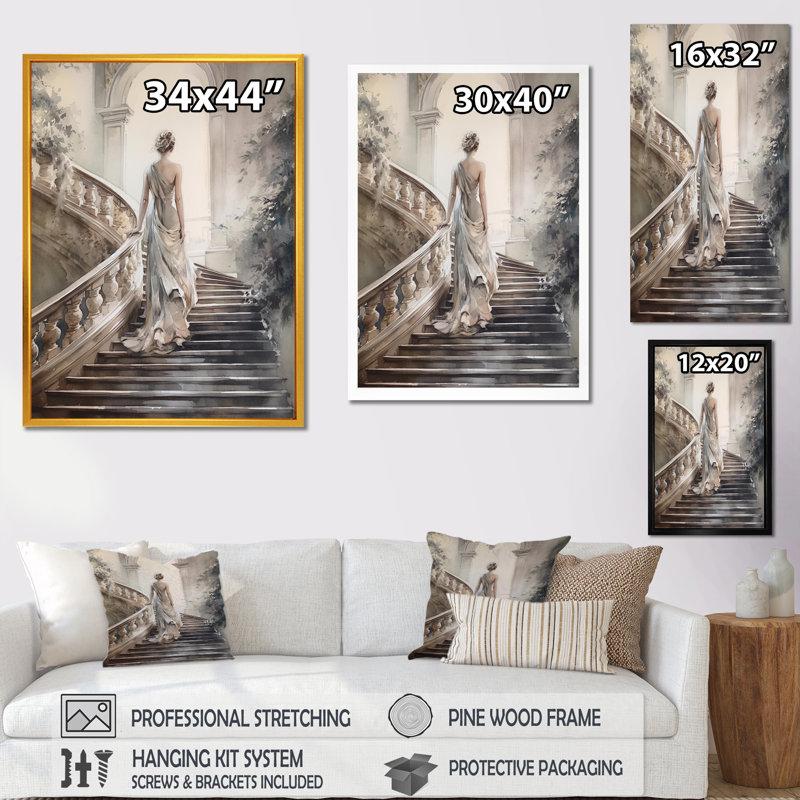 «Stunning Girl By The Stairs II», art romantique sur toile, H 44 po x l 34 po x P 1,5 po, Cadre flottant noir