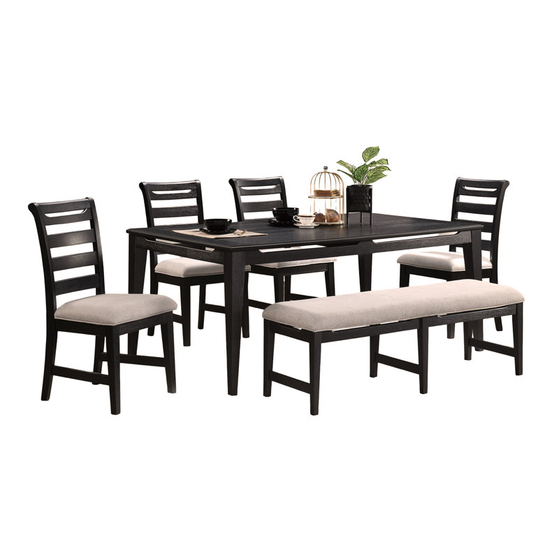 Ensemble de table de salle à manger 6 pièces de couleur noire et 4 chaises d'appoint 1 banc et coussins rembourrés en tissu Mobilier de salle à manger en bois massif