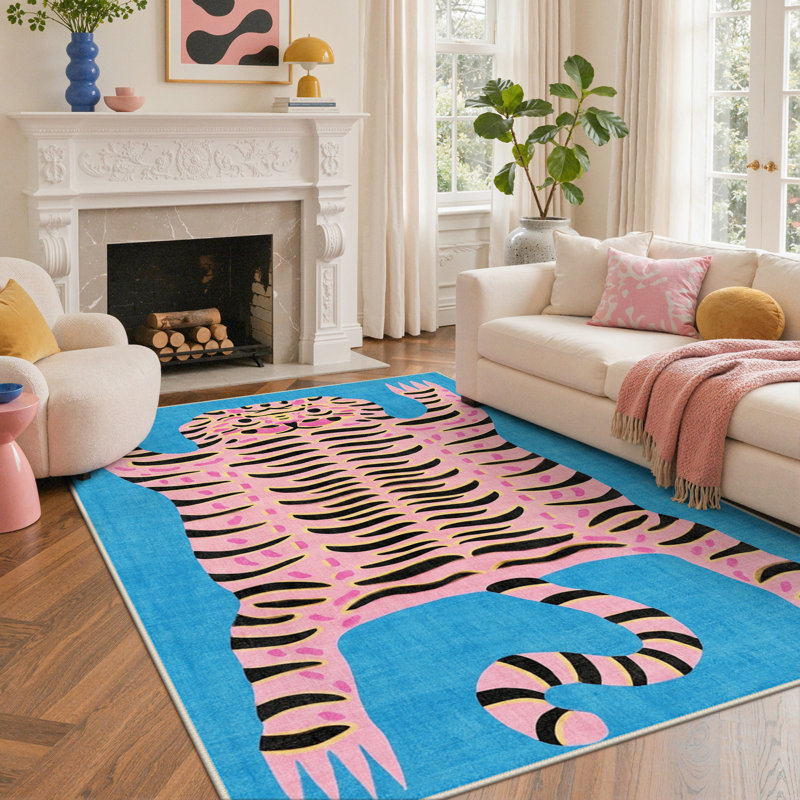 Tapis d'intérieur bleu / rose lavable à la machine avec envers antidérapant Kai Funky Tiger, Nexus