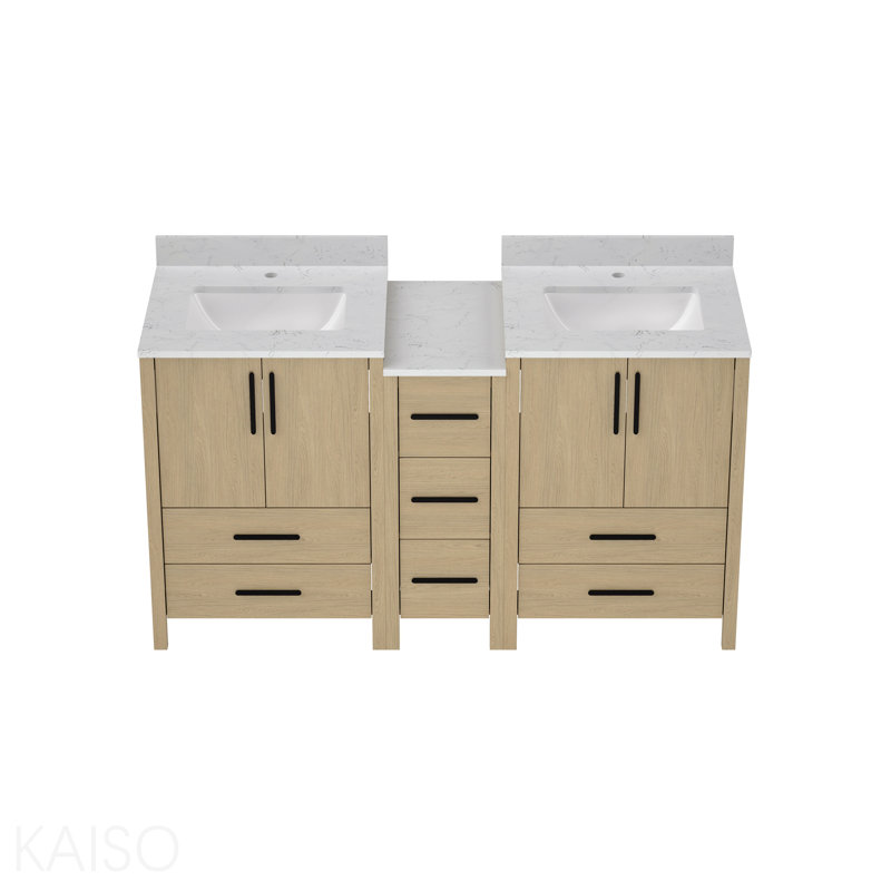 Armoire de salle de bain double 60 po x P 22 po x H 34 po, meuble-lavabo avec comptoir blanc Freestangding