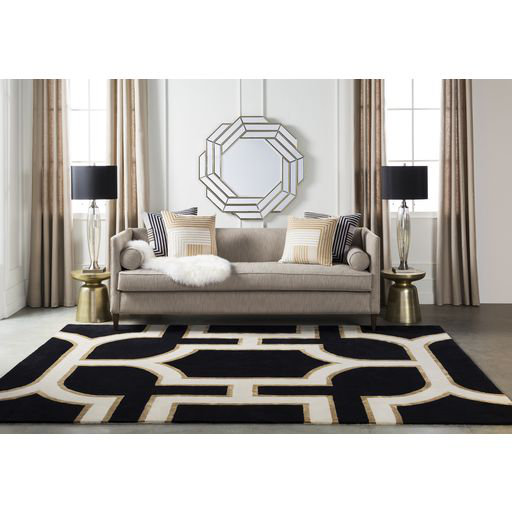 Tapis en laine noir et beige touffeté à la main Ouellette, Rectangle 8 pi x 10 pi