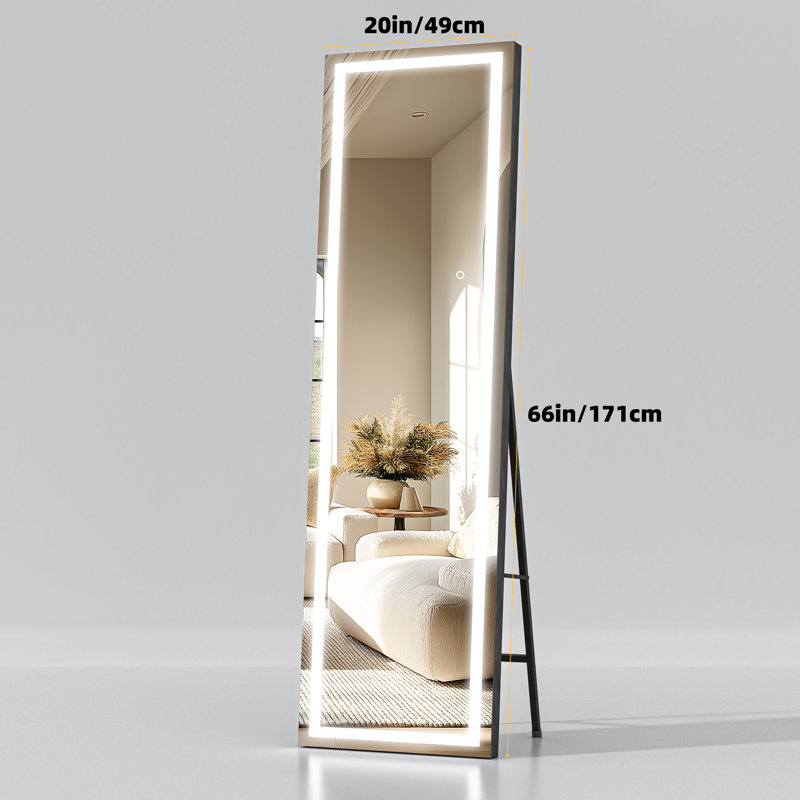 Modern & Contemporary Lighted Full Length Mirror with Temepered Glass & 3 Years Warranty, 66" x 20", Matte Black