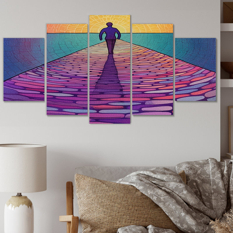 Homme marchant vers l'horizon de la lumière - art mural toile tempêtes - 5 panneaux