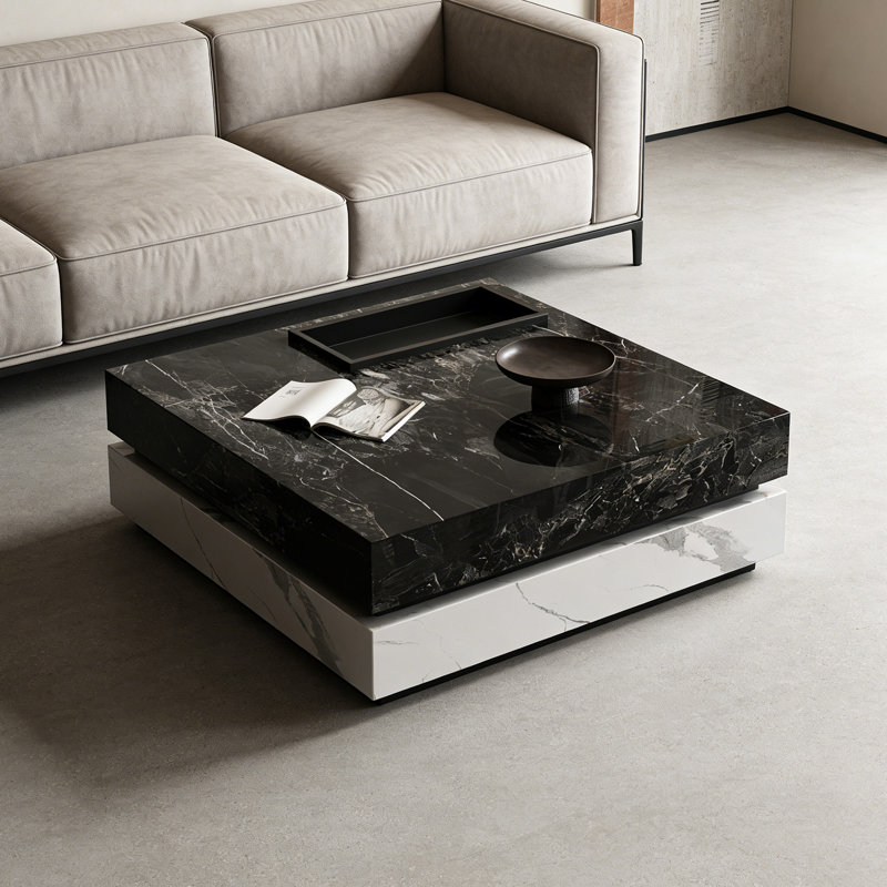 Table basse carrée sur pied avec plateau, H 13,77 po x L 31,49 po x l 31,49 po, Noir, Noir