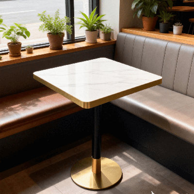Table de salle à manger carrée en pierre frittée de 30 po avec base en métal doré - Usage commercial et résidentiel pour les cafés, les restaurants et les petits espaces