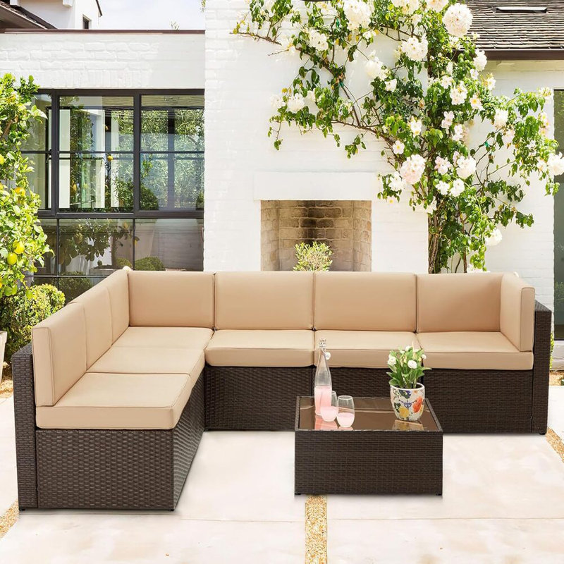 Ensemble de conversation modulaire en rotin 7 pièces avec coussins Emilienne, Brun, Beige