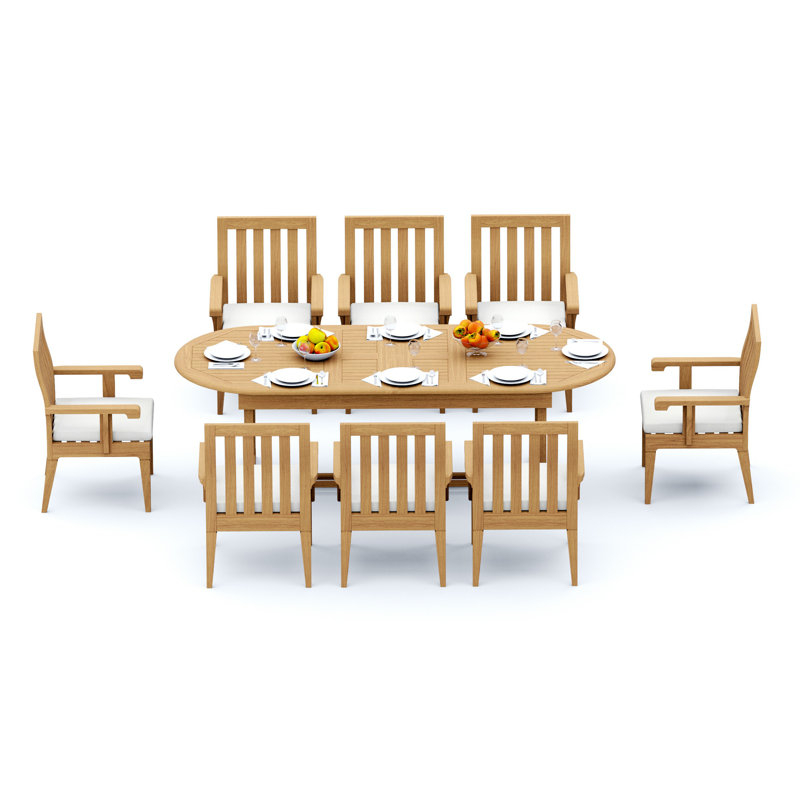 8 Seats 9 Pcs Grade-A Teak Wood Dining Set: 94" Mas Oval Trestle Leg Table And 8 Caranas Arm Chairs #11Ca2308, 8