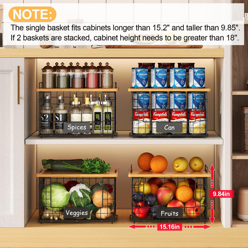 2 Pack Stackable Wire Baskets With Bamboo Top For Pantry Organizers And Storage, XXL Kitchen Organization Counter Basket