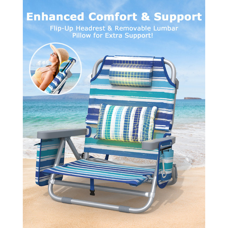 Backpack Beach Chair Reclining, Portable Folding Beach Chairs with 5 Adjustable Positions, Built-in Cooler & Backpack Straps