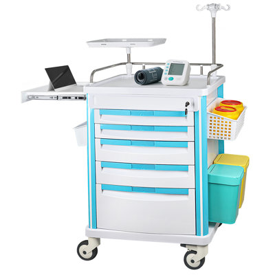 Chariot roulant médical avec planche de RCR, support pour intraveineuse, support à O2, 5 tiroirs et séparateurs, chariot mobile d'urgence pour hôpital, l 24,4 po x P 18,5 po x H 36,2 po (avec 5 tiroirs)