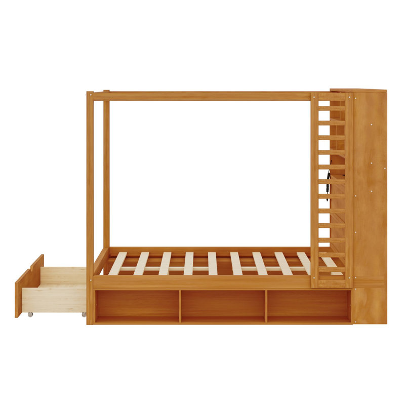 Cadre de lit à baldaquin avec tête de lit bibliothèque, port USB, éclairage DEL et rangement sous le lit, Double, Walnut