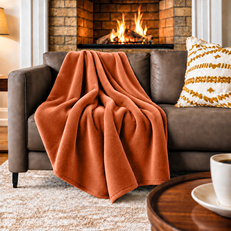 Couverture polaire en fausse fourrure de vison de luxe - peluche douce et réversible pour lit et canapé, Lit simple, Rouille