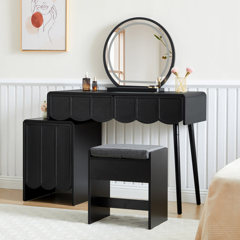 Ensemble de coiffeuse avec tabouret et miroir à DEL, Noir