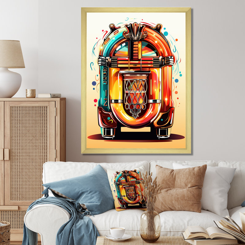 Cubist Jukebox Harmony 1 - Jukeboxes, art mural, H 32 po x l 16 po x P 1 po, Cadre photo doré simple