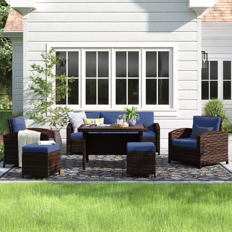 Chaise longue en rotin avec coussins 6 pièces Parkhurst, bleu