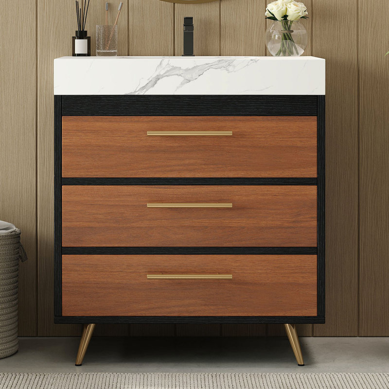 Meuble-lavabo autoportant moderne avec lavabo vasque en céramique et plateau en pierre frittée durable, Noir/noyer, Blanc