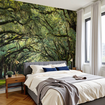 Peel and Stick Wallpaper 144" W x 100" H Modern Self Adhesive Wall Mural for Bedroom Country Road Lined Oaks Forest Landscape