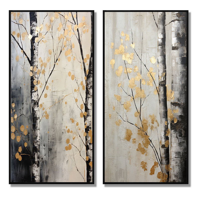 2 pièces sur toile - chuchotement d'arbre gris et or, Cadre noir, H 40 po x l 40 po