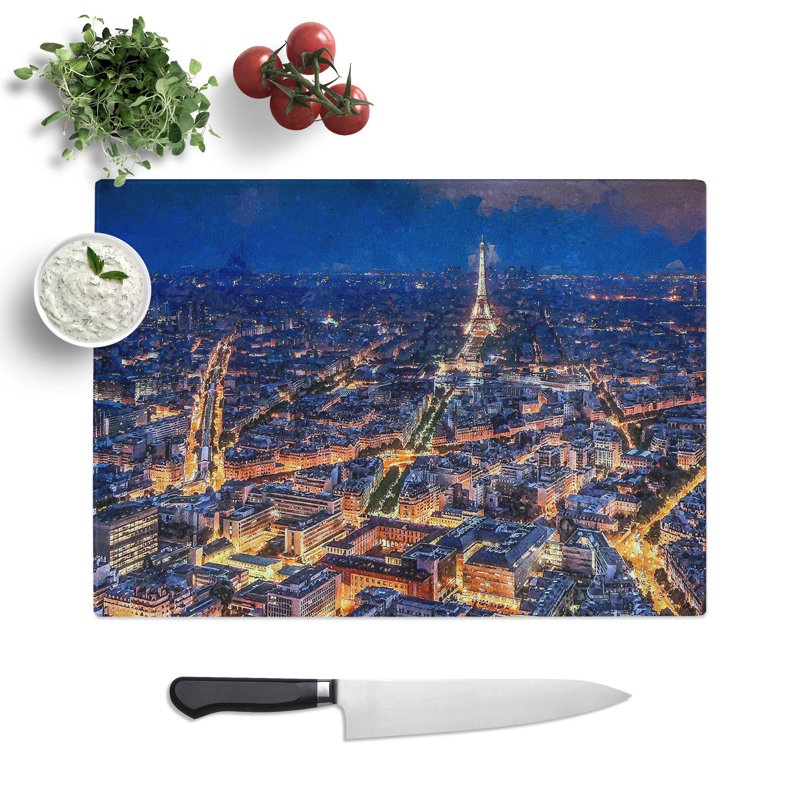 Glass Eiffel Tower Paris Skyline at Dusk in Abstract Chopping Board, 39 cm W x 28.5 cm L