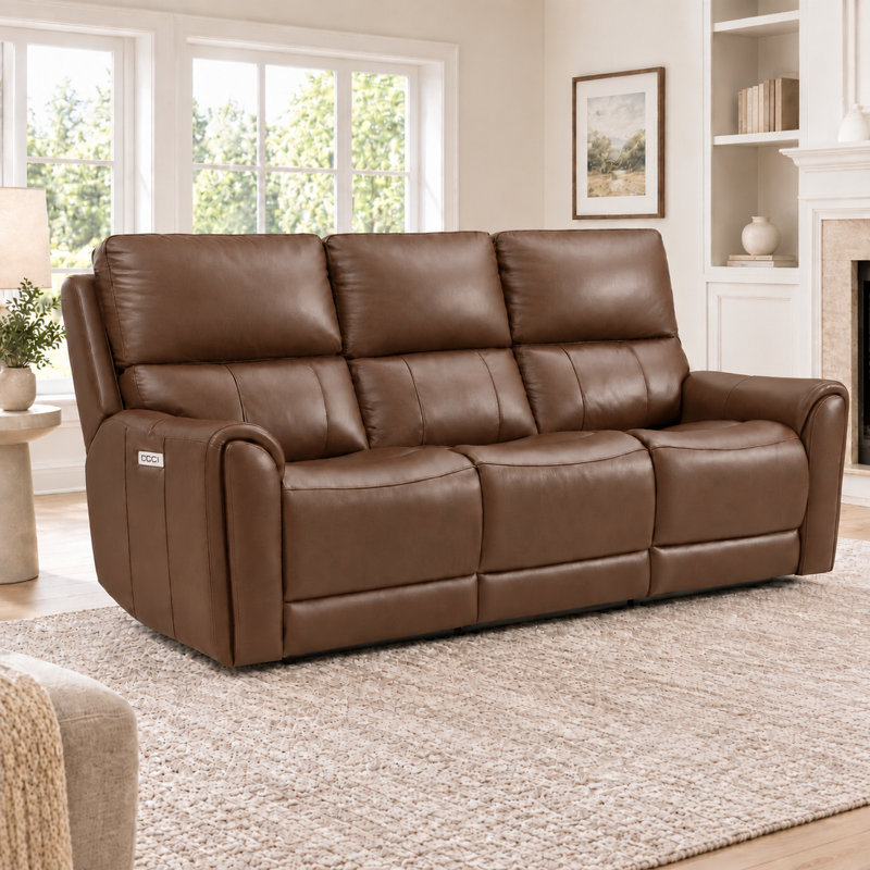 Canapé en cuir 3 pièces avec porte-gobelet escamotable, Light Brown Leather