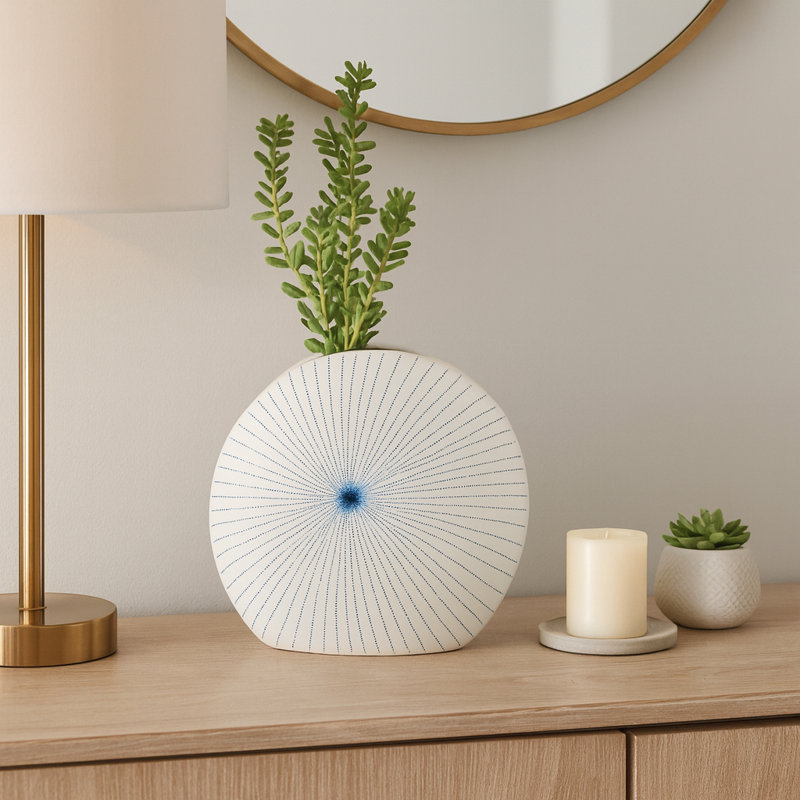 Handmade Stoneware Table Vase, 9" H x 10" W x 4" D, White/Blue