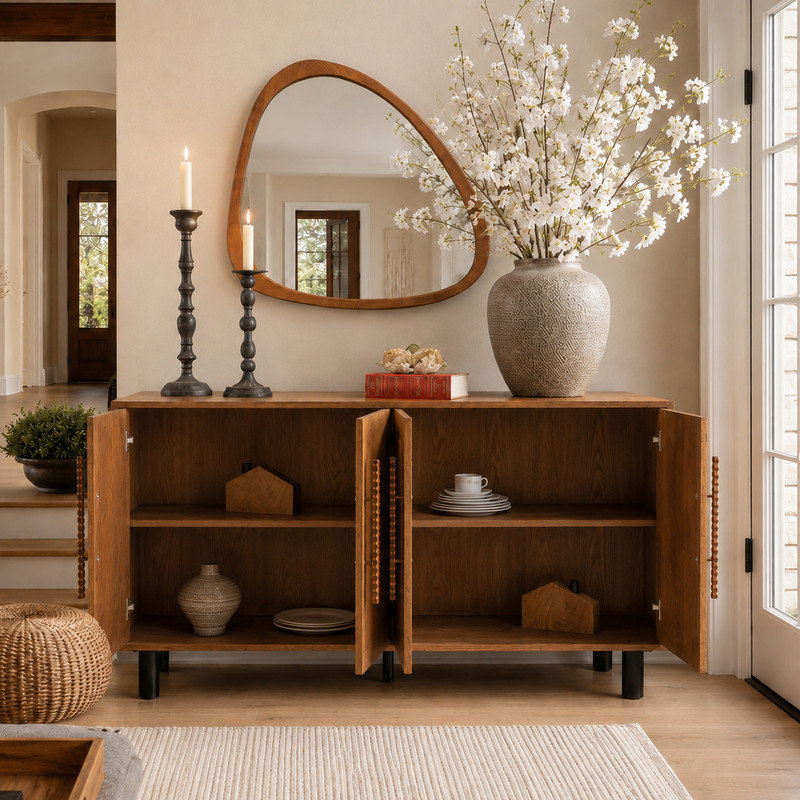 59.84" Gold-Toned 4-Door Sideboard Buffet Cabinet - Solid Wood & MDF Arched Door Storage Console Table for Dining Room/Living Room, Antique Gold