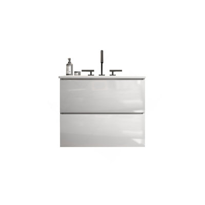 Meuble-lavabo mural blanc brillant TIA de 24 po avec lavabo en céramique avec trois trous de robinet, grand meuble-lavabo flottant pour salle de bain, lavabo une pièce sans drain, pré-assemblé