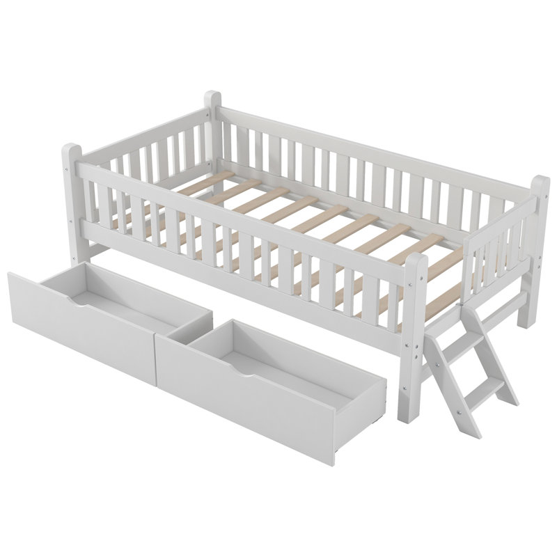 Lit plateforme en bois avec garde-corps et 2 tiroirs, Blanc