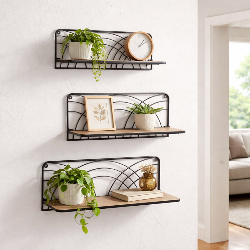 Decorative Metal and Wood Hanging Wall Storage for Home Decor - Modern Sculpture for Kitchen or Bedroom - Set of 3, 24", 21", 19", Brown & Black