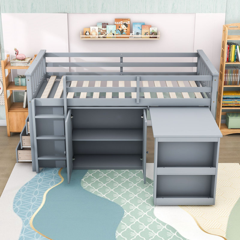 Lit mezzanine simple en bois avec bureau coulissant, armoire de rangement sous le lit, tablette latérale et tiroirs, Gris