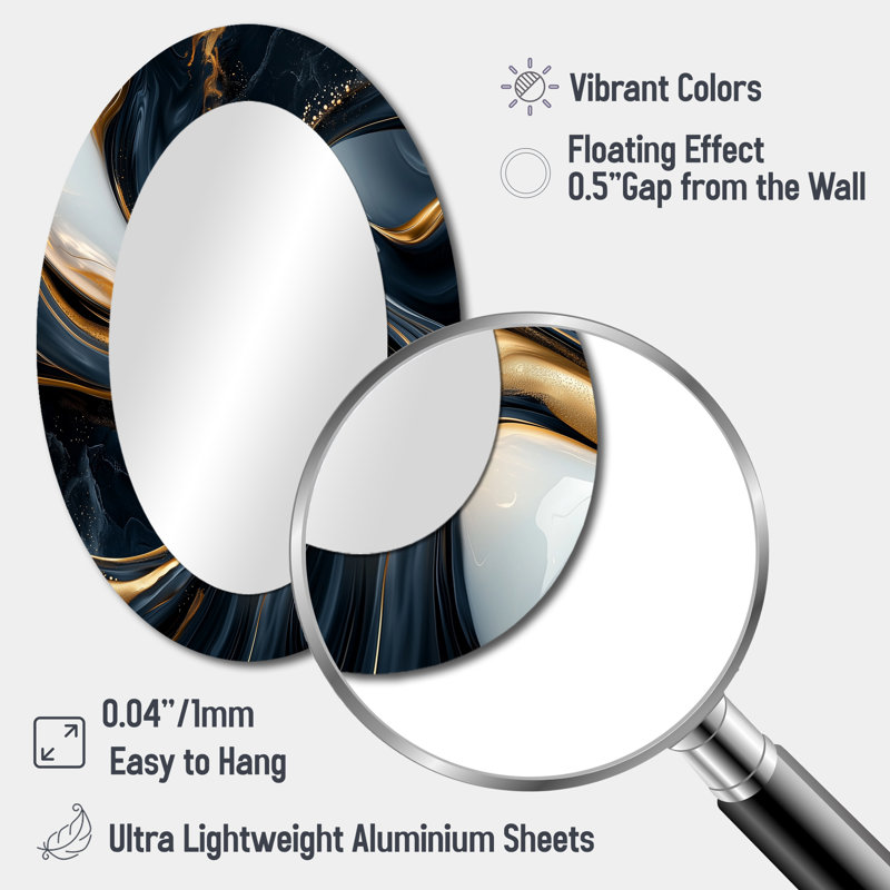 Gold And Black Captivating Marble II - Abstract Oval Decorative Mirror On Metal, 36" x 24"