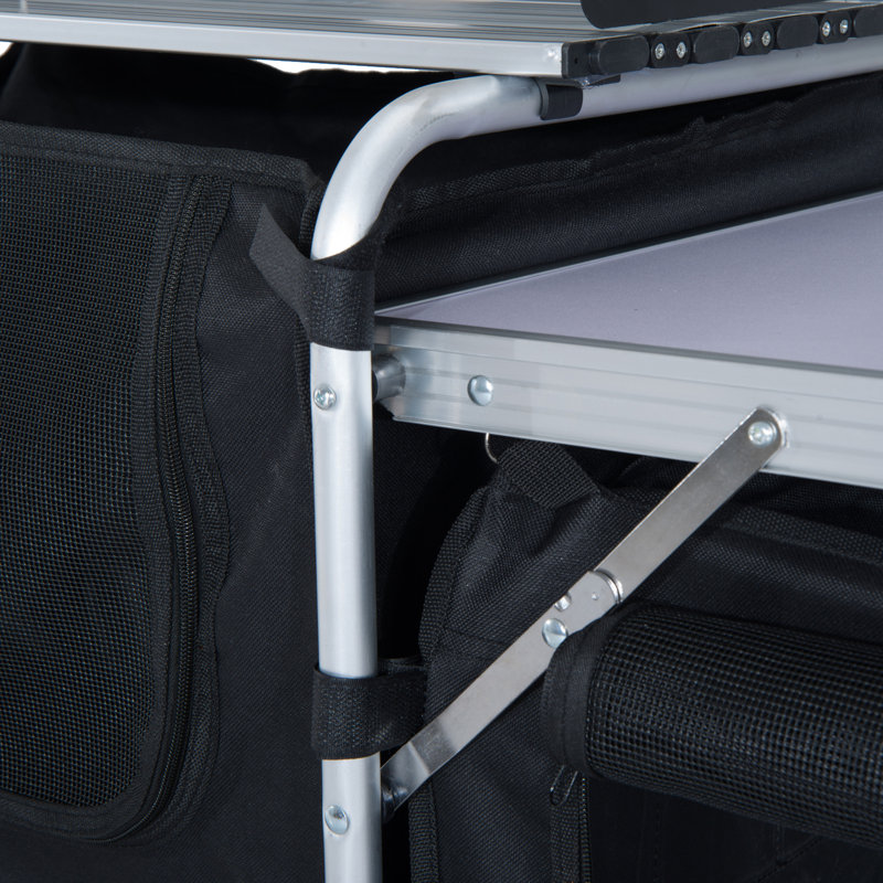 Bureau de cuisine de camping: aluminium avec pare-brise et 3 armoires. Pour barbecue, pique-nique, fêtes, arrière-cours. Table de cuisine robuste, spacieuse et légère à transporter - Armoires pliantes et vent