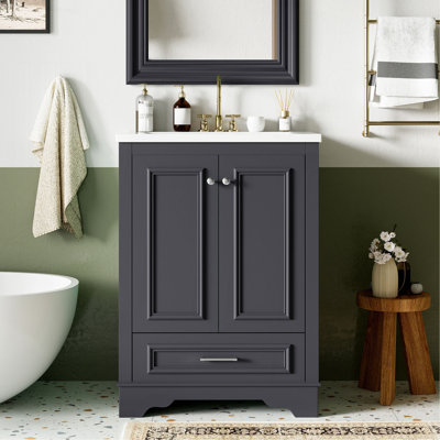 Meuble-lavabo 24 po avec lavabo en céramique, armoire de rangement autoportante moderne avec poignées argentées, portes à fermeture douce