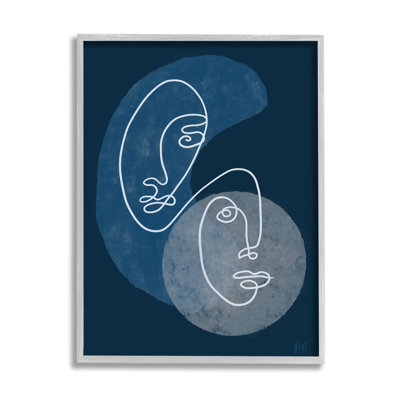 Deux visages abstraits avec des lignes bleues et profondes, estampe numérique encadrée noire, art texturé par Birch & Ink