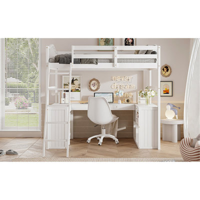 Twin Size Loft Bed With Drawers, Cabinet, Shelves And Desk, Wooden Loft Bed With Desk - White