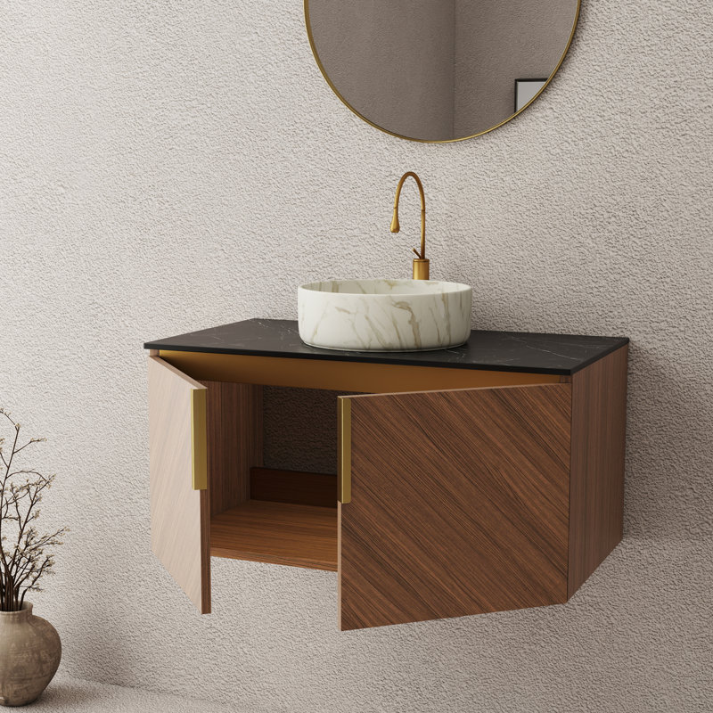Meuble-lavabo 36 po, armoire de rangement murale en contreplaqué avec portes doubles, comptoir en pierre frittée noire et lavabo rond en céramique blanche avec motif de pierre, couleur grain de bois de chêne brun