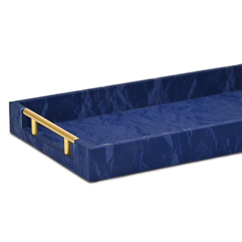 Ausel Crinkled Gloss Pattern Tray with Gold Handles, Blue
