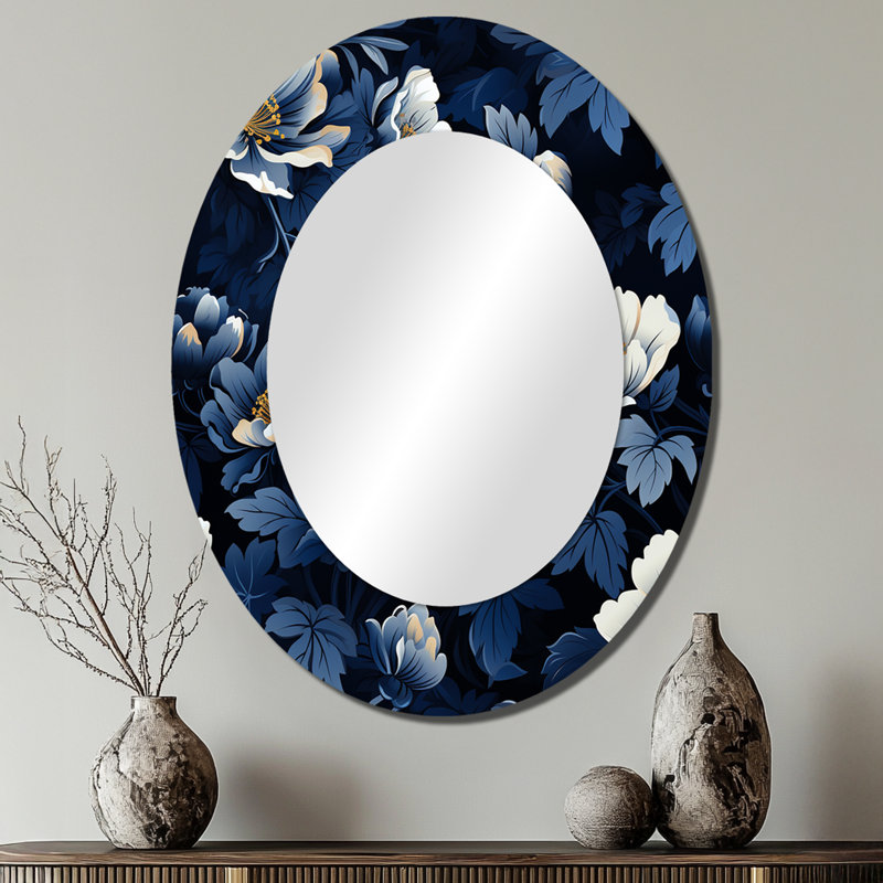 Nightfall - Motif floral bleu foncé et blanc - Grand miroir mural ovale sur métal, H 40 po x l 30 po
