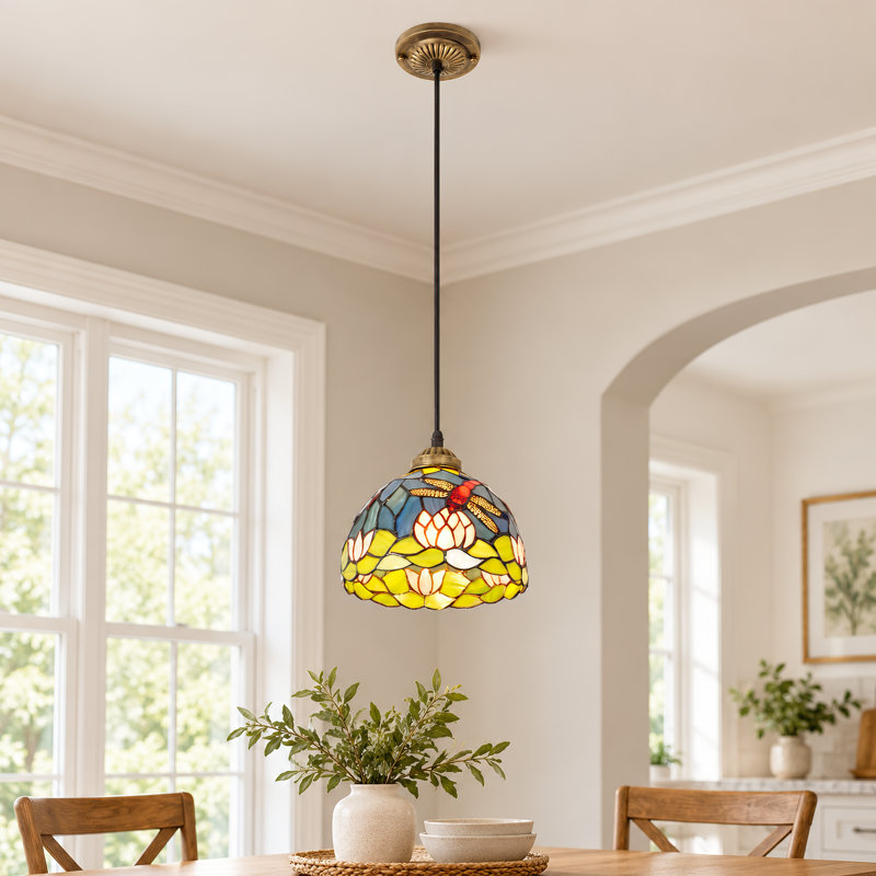 31.5" Dragonfly & Lotus Stained Glass Pendant Light, Antique Bronze Iron Frame, E26 Bulb Included