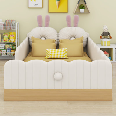 Lit plateforme tapissier confortable avec coussins d'animaux mignons et sacs de rangement intégrés