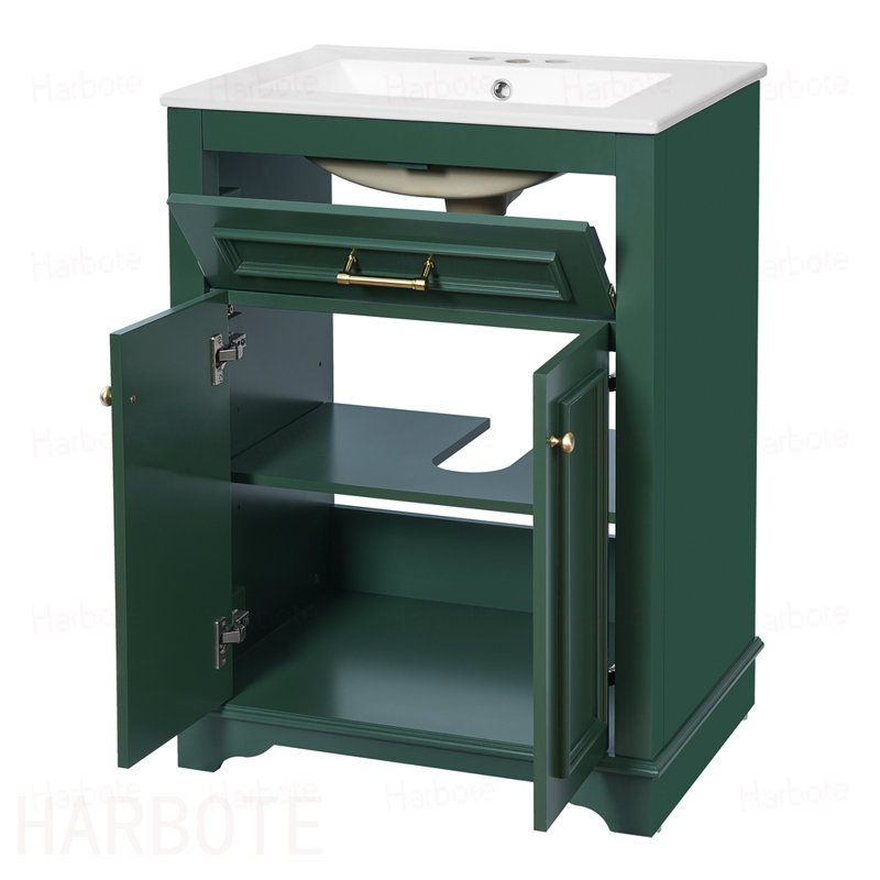 Meuble-lavabo avec lavabo en céramique intégré, armoire de salle de bain avec 2 portes, 1 tiroir basculant, meuble-lavabo simple