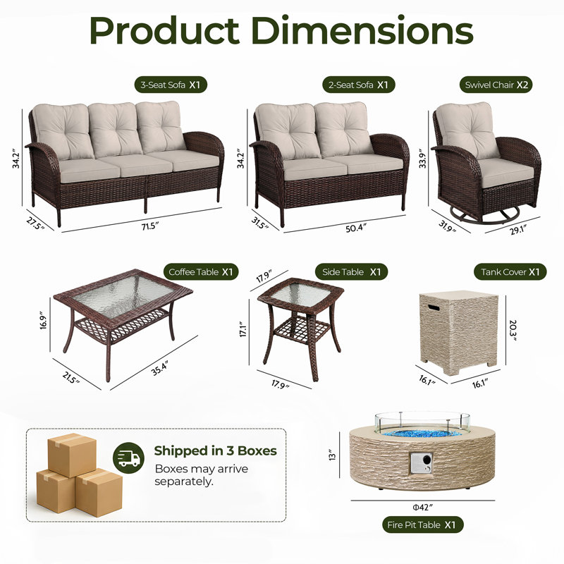 Ensemble de conversation pour patio 7 personnes avec table foyer au propane, Beige
