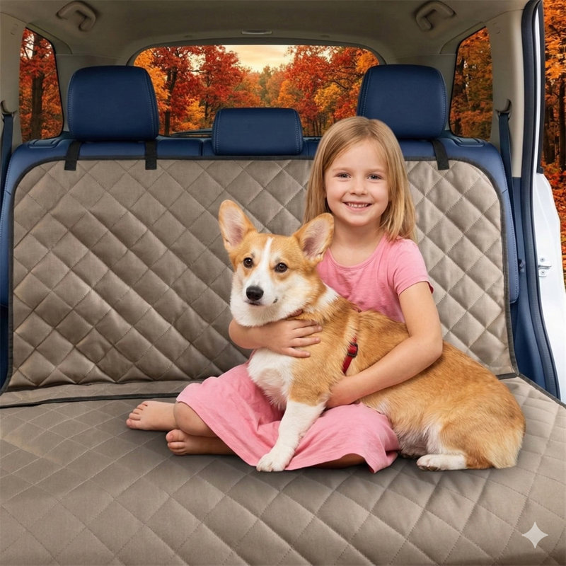 Bench-style seat protector barrier featuring waterproof construction, heavy-duty and slip-resistant canine seat cover with universal fit suitable for vehicles, trucks, and sport utility vehicles.