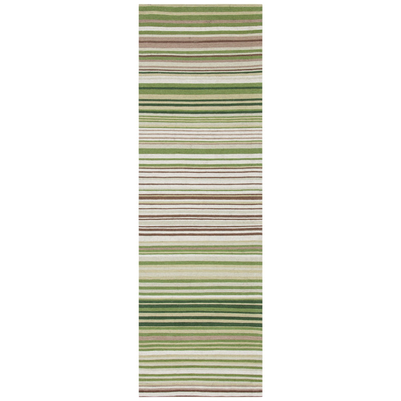 Tapis en laine / coton tissé à la main Cruz en vert / beige, Tapis de couloir 2 pi 3 po x 8 pi